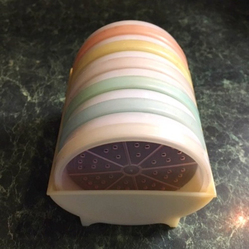 VTG 70's Pastel Plastic Tupperware Drink Coasters Set of 6 w/Cradle